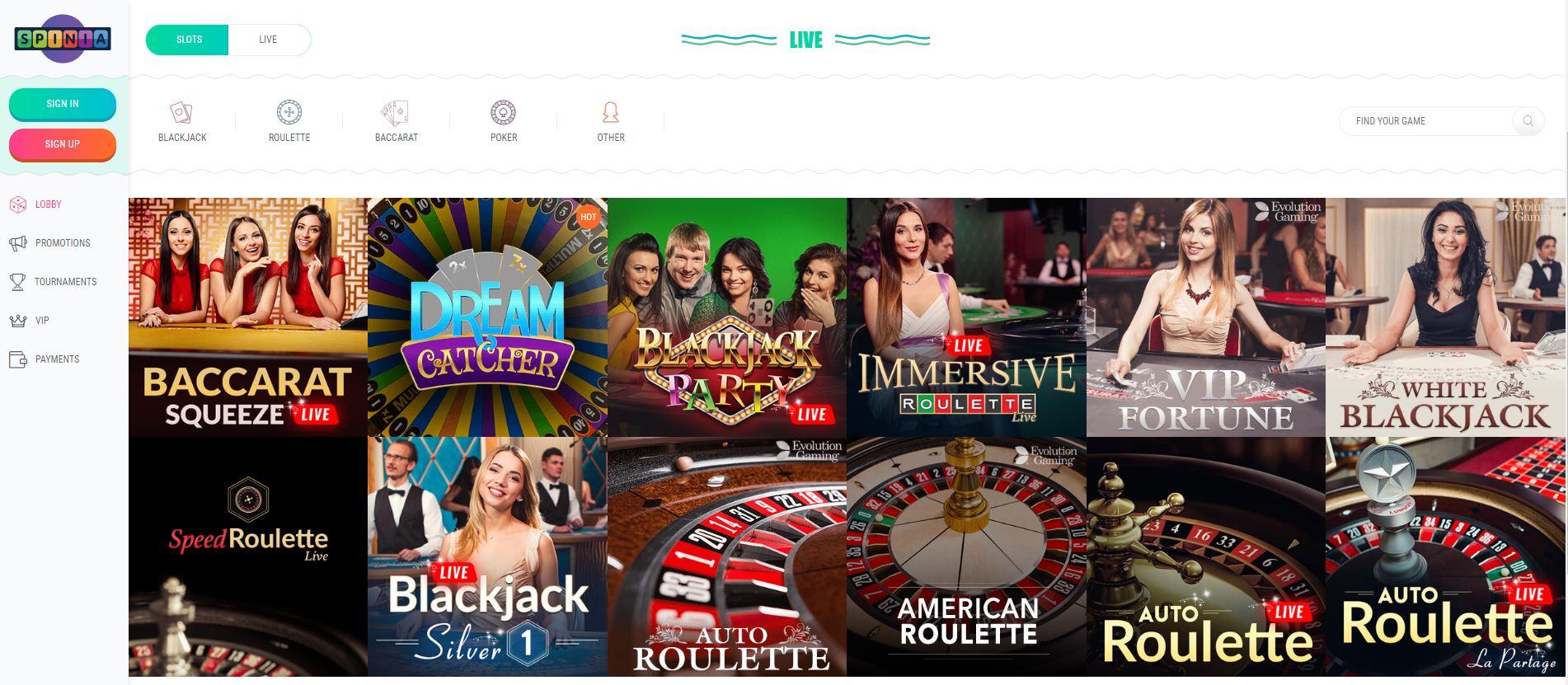 Spinia live casino