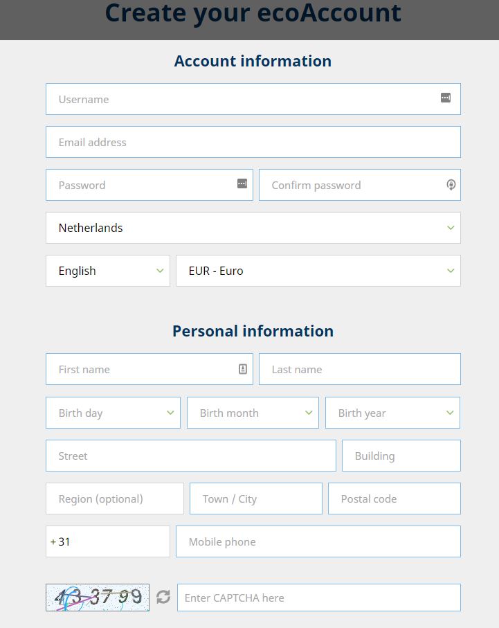 EcoPayz registratie formulier