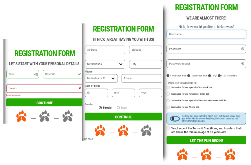 Big5Casino Registratie Formulier Stap 1-2-3