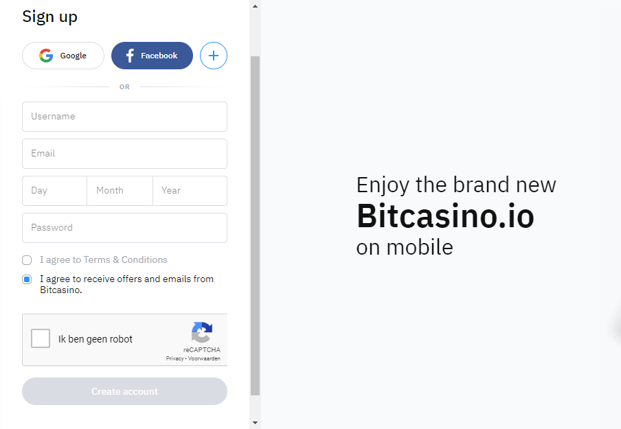 Sign up screen bitcasino