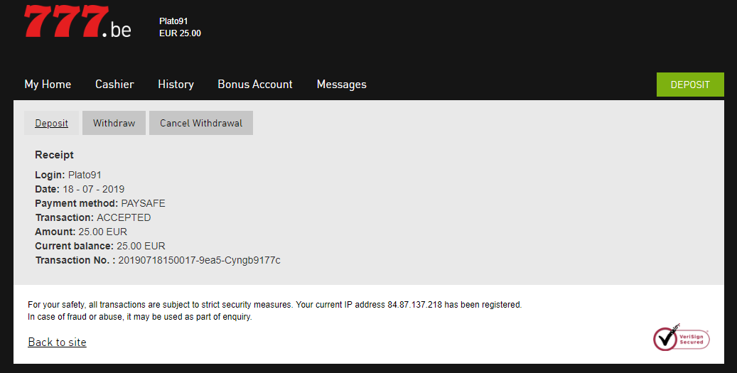 Casino 777 reciept paysafecard second deposit