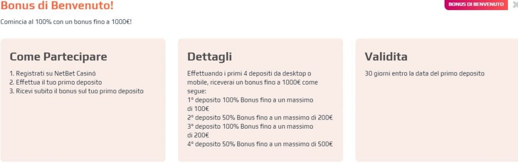 NetBet Casinò bonus